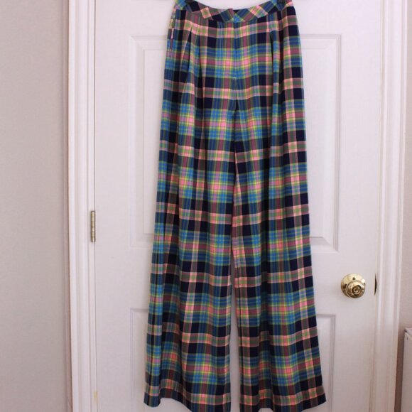 GRLFRND Loren Plaid Wide Leg Pants Blue Pink Size Small Pockets - Picture 2 of 10
